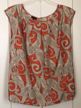 Talbots Orange and Brown Paisley Cap-Sleeve Blouse with Back Buttons Size 20W
